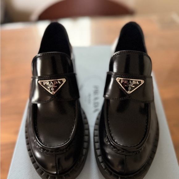 Prada Shoes - Prada Black Patent Leather Logo Penny Loafers